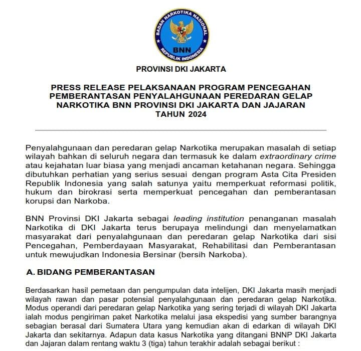 PRESS RELEASE AKHIR TAHUN BNN PROVINSI DKI JAKARTA TAHUN 2024 PRESS RELEASE AKHIR TAHUN BNN PROVINSI DKI JAKARTA TAHUN 2024