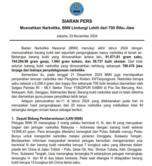 PRESS RELEASE PEMUSNAHAN BARANG BUKTI (BB) BNN RI TAHUN 2024